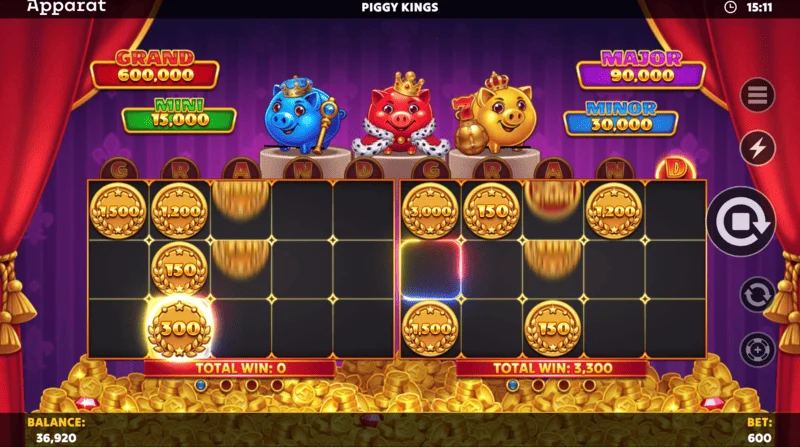 Piggy Kings - menu delle impostazioni e intervallo di scommessa